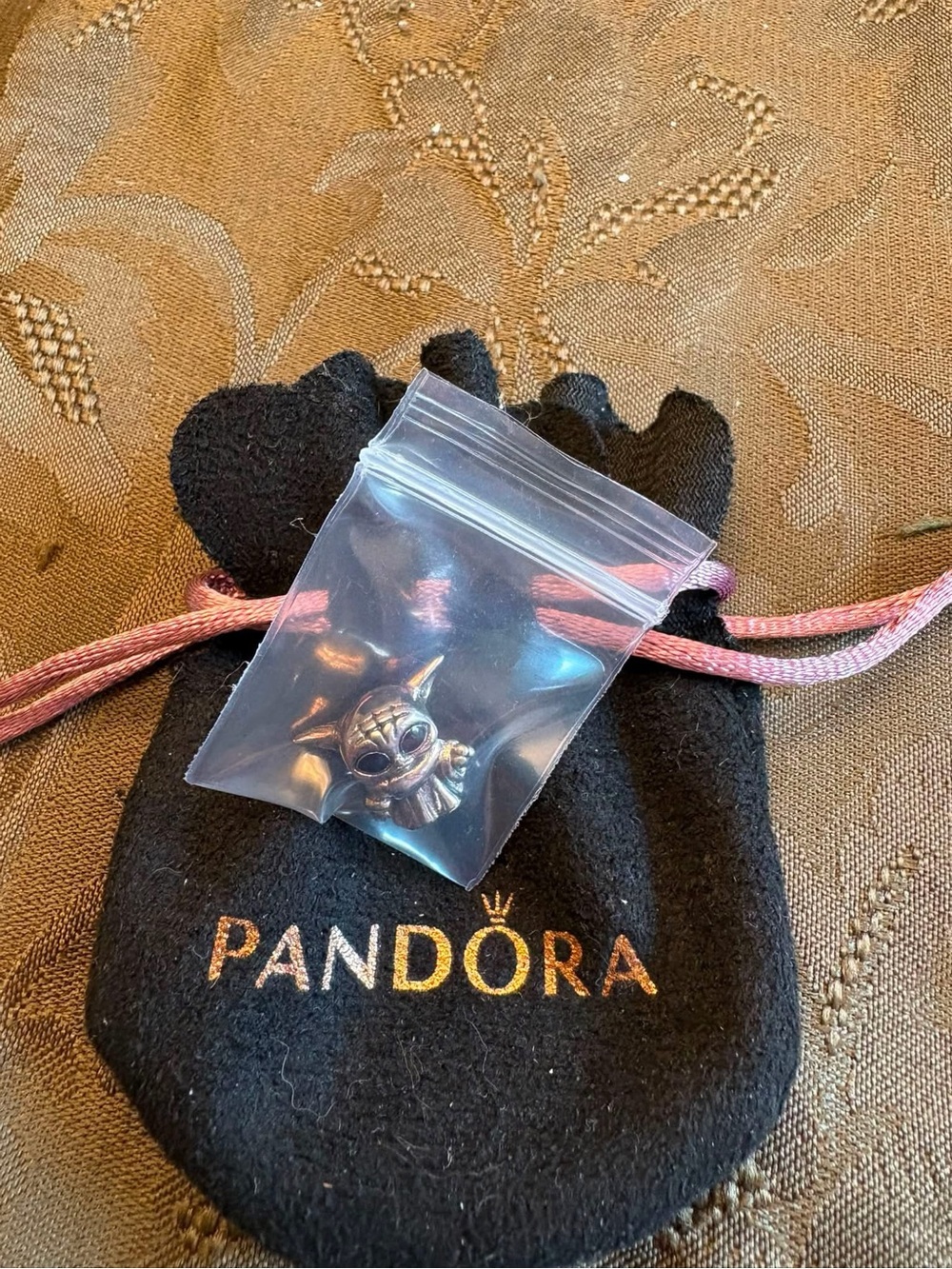 Pandora Pink Cord Charm Pouch with Gold Baby Yoda Charm